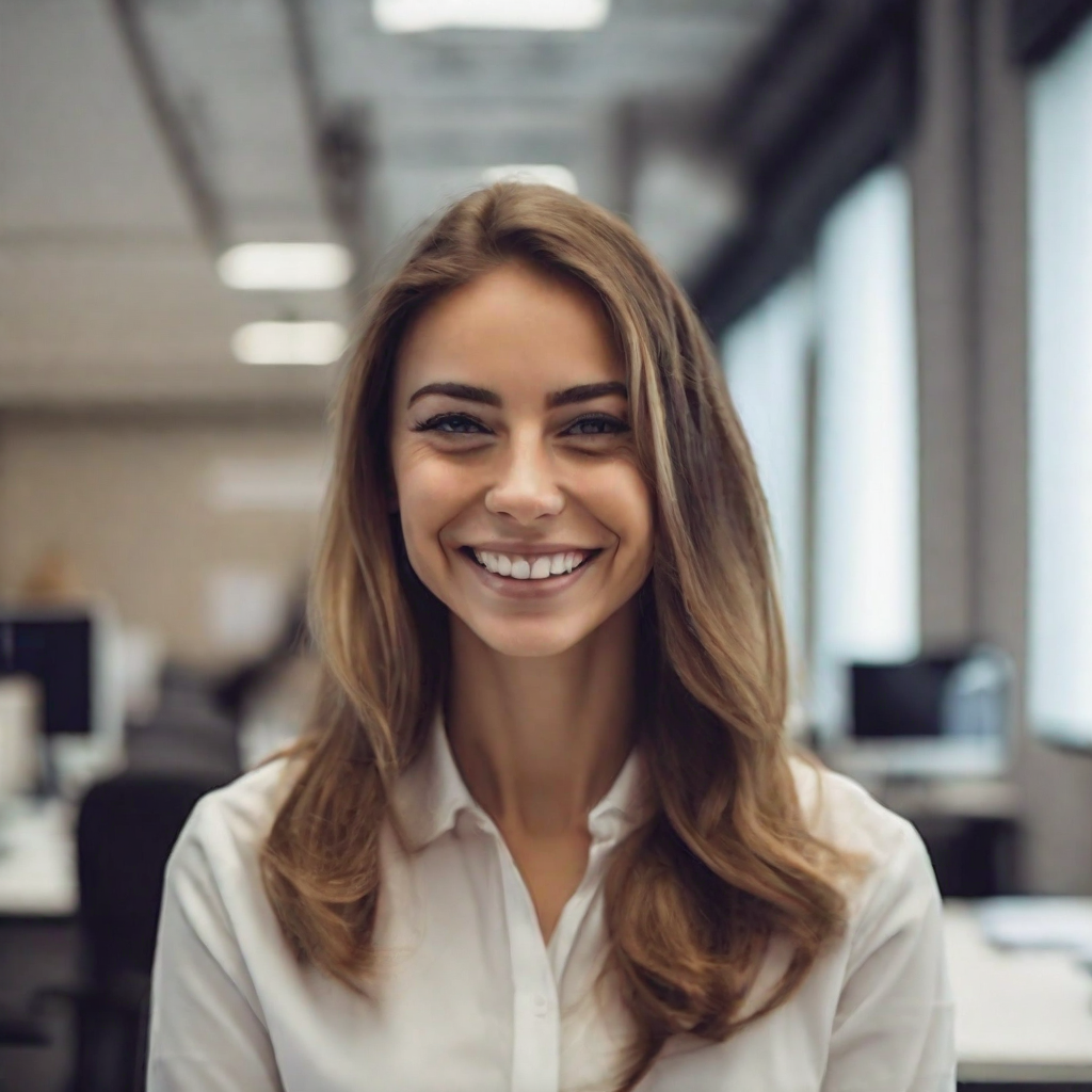 crea_una_foto_di_una_segretaria_sorridente_in_abiti_eleganti_in_un_ambiente_di_ufficio,_lei_deve_essere_in_primo_piano,_senza_mascherina,_controlla_il_risultato_se_risponde_alla_richiesta